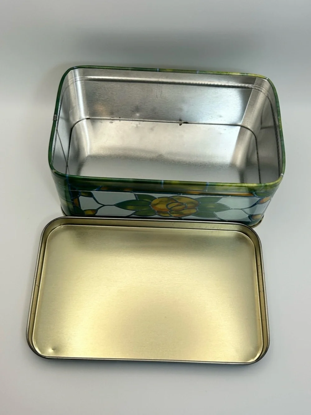 Vintage Stained glass Rose Tin Rectangular Storage Box Green White Orange Yellow